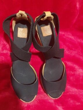 Tory Burch Black and Tan Espadrille Wedge Sandals